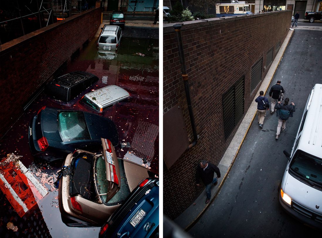 [Top] Destroyed cars float in a flooded car garage due to Superstorm Sandy October 30, 2012 in New York City. [Bottom] People walk in and out of the garage on October 22, 2013 in New York, City.